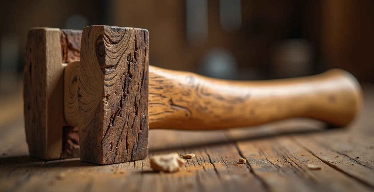 Gros plan sur un assemblage tenon-mortaise en bois massif