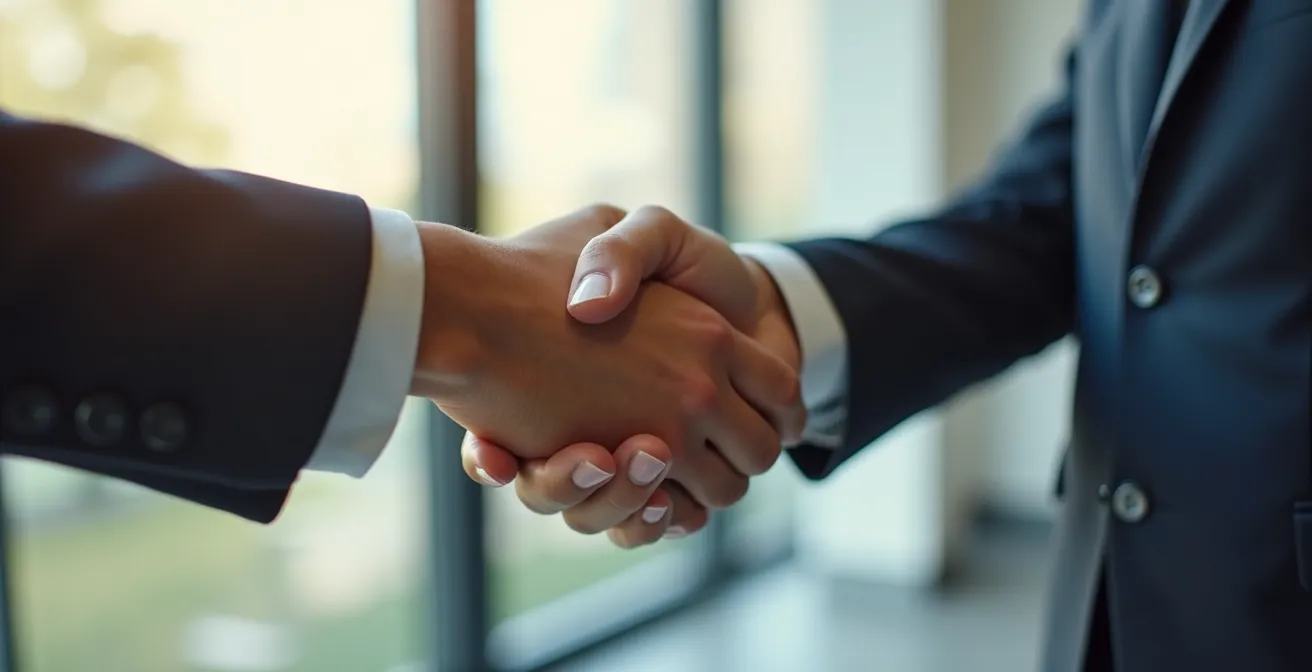 Poignée de main entre deux personnes dans un environnement lumineux et professionnel