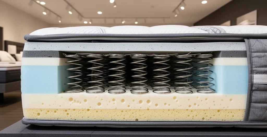 Coupe transversale d'un matelas montrant les ressorts ensachés et couches de mousse