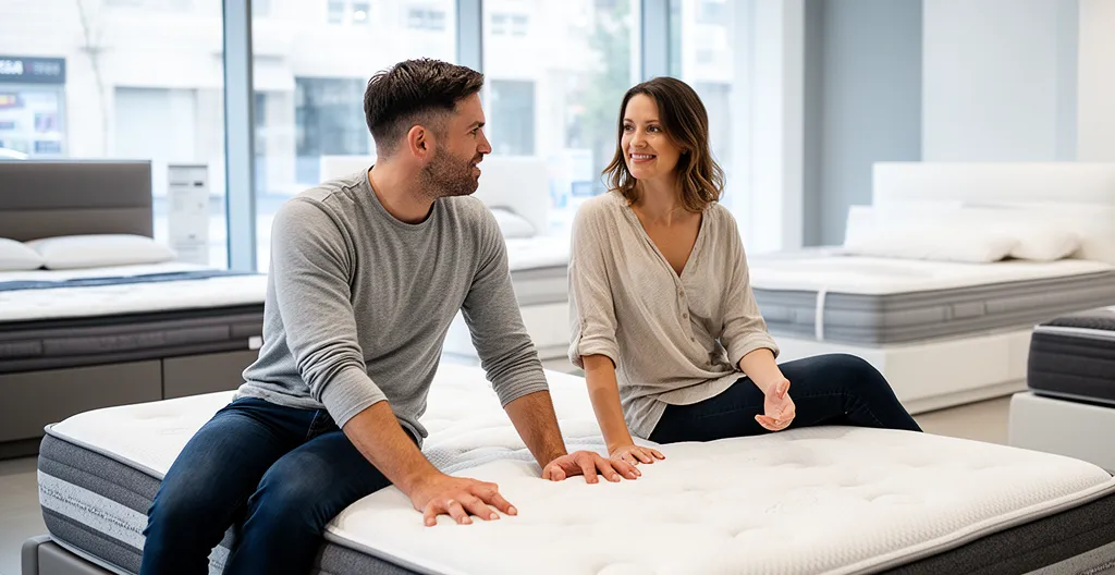 Couple assis sur le bord d'un matelas dans un showroom de literie