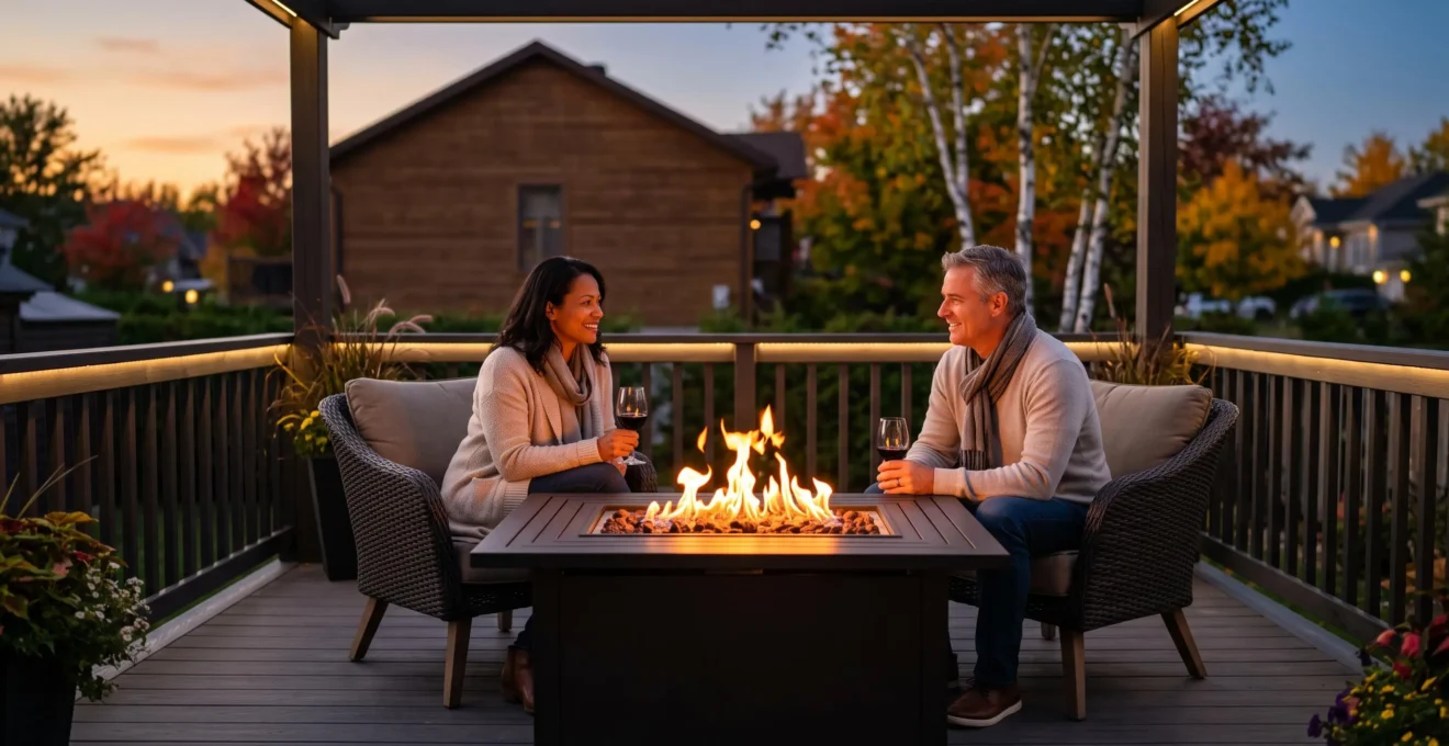 Couple mature assis autour d'un foyer au gaz actif sur patio composite en début de soirée fraîche, vêtus de pulls légers, profitant de la chaleur et d'un moment convivial grâce à l'équipement de chauffage extérieur
