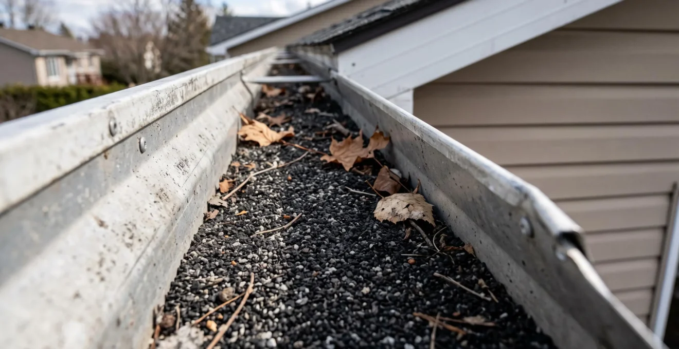 Gouttière résidentielle en aluminium remplie d'une épaisse couche de granules noirs d'asphalte mélangés à quelques feuilles mortes, signe d'usure avancée des bardeaux
