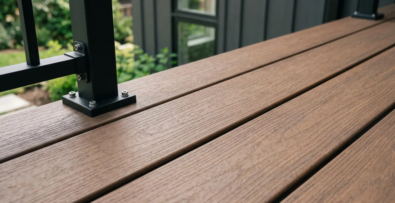 Gros plan architectural sur planches de composite haut de gamme installées avec rampe, montrant texture grain bois subtile et qualité assemblage sous lumière naturelle