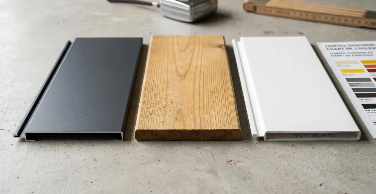 Gros plan sur trois échantillons de matériaux de clôture disposés côte à côte : lame aluminium anthracite, planche bois autoclave naturel et profil PVC blanc sur surface de travail neutre
