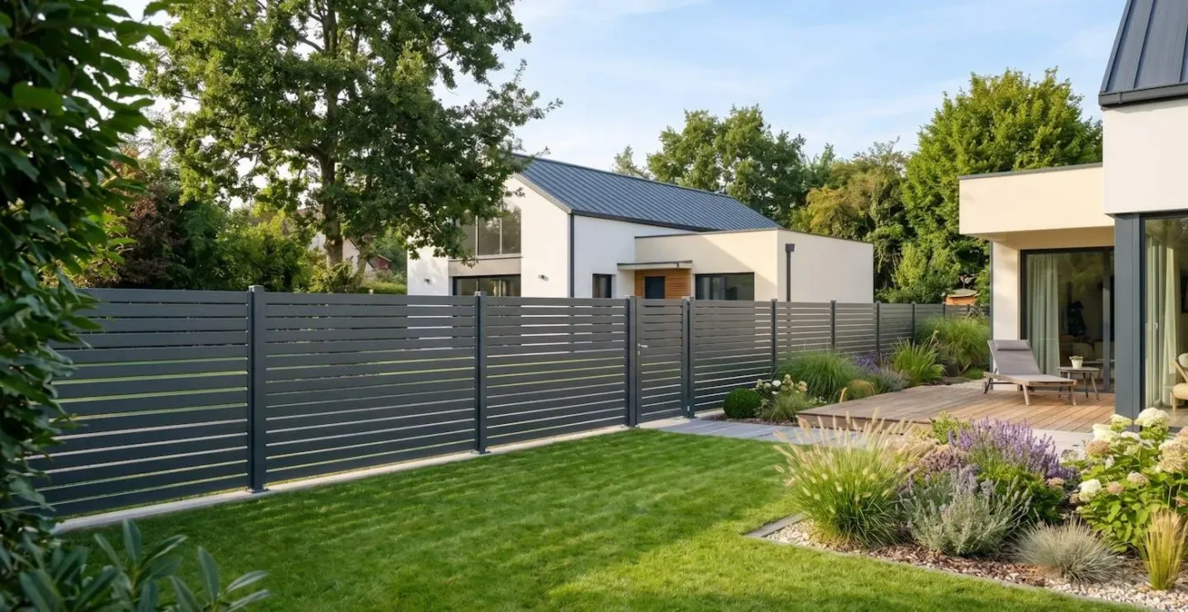 Jardin résidentiel français moderne avec clôture aluminium gris anthracite à lames horizontales longeant la limite de propriété, pelouse entretenue et maison contemporaine en arrière-plan