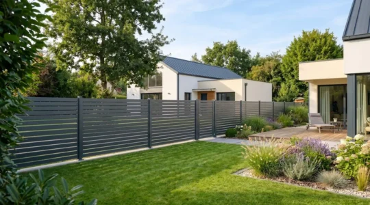 Jardin résidentiel français moderne avec clôture aluminium gris anthracite à lames horizontales longeant la limite de propriété, pelouse entretenue et maison contemporaine en arrière-plan