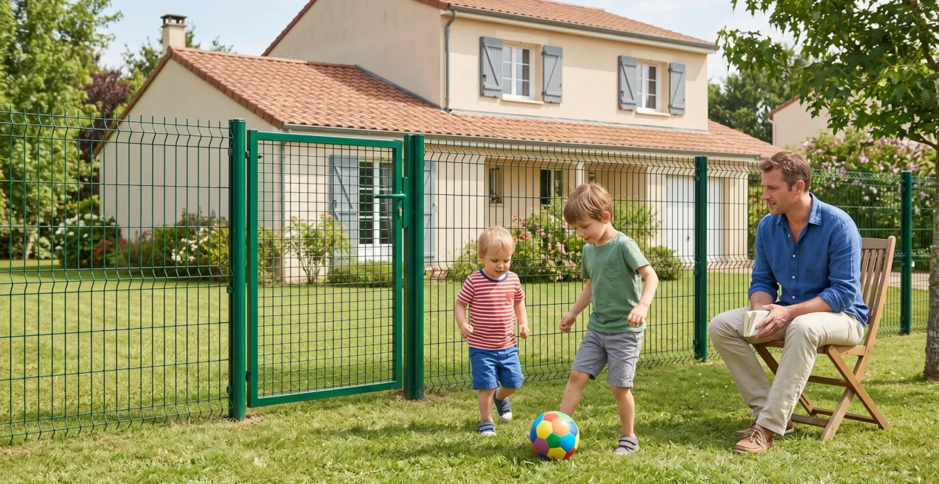 Jardin résidentiel avec grillage rigide vert sécurisant le périmètre, deux jeunes enfants jouant au ballon sur la pelouse sous la surveillance d'un parent assis