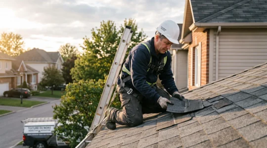 Maître couvreur certifié en équipement de sécurité inspectant de près des bardeaux d'asphalte endommagés sur le toit en pente d'une maison unifamiliale québécoise, échelle professionnelle appuyée contre la gouttière, quartier résidentiel en arrière-plan, lumière de fin de journée