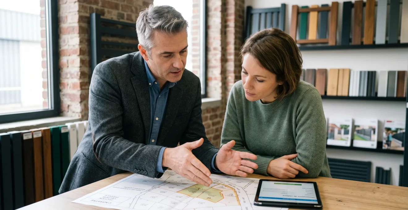 Professionnel du secteur clôtures et cliente consultant ensemble un plan cadastral sur table de travail dans showroom, avec échantillons de matériaux visibles en arrière-plan
