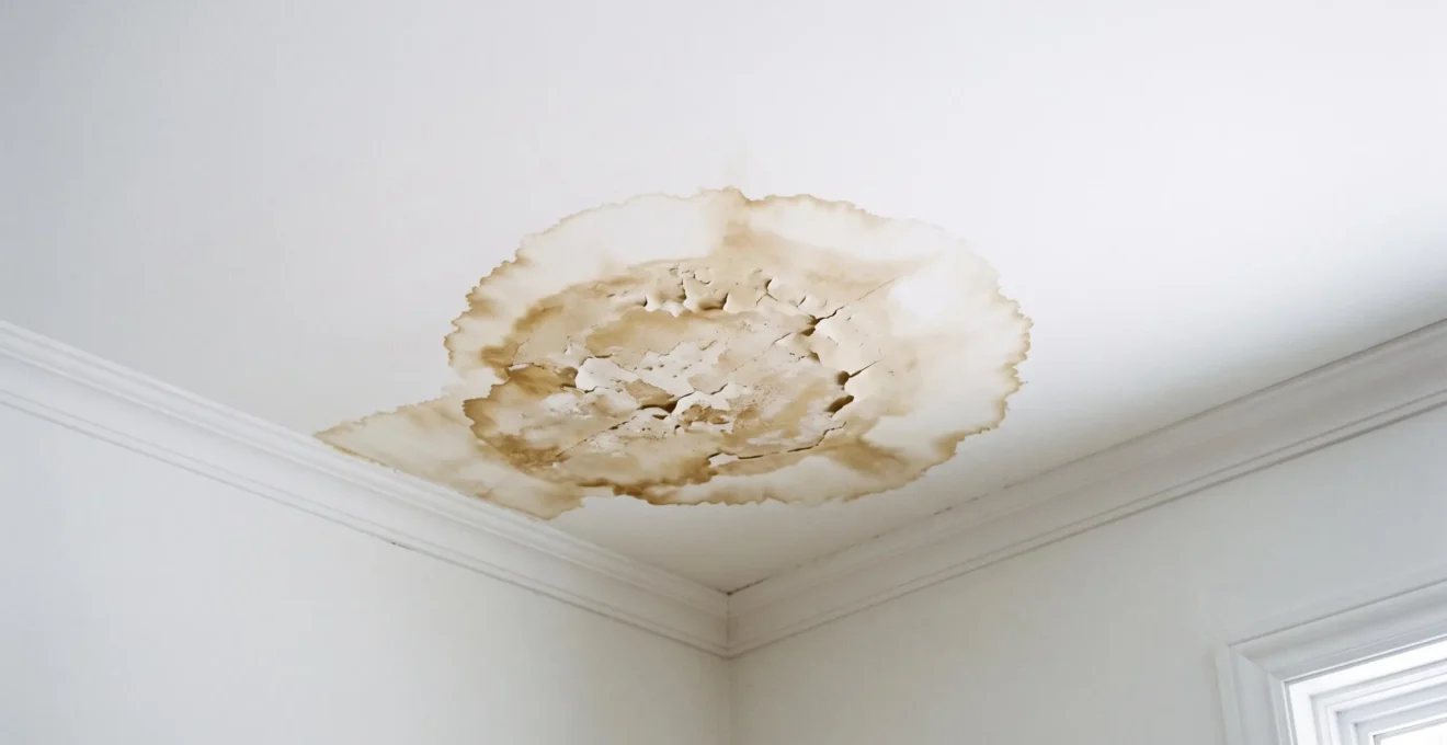 Tache d'humidité brune irrégulière au plafond d'une pièce résidentielle, avec peinture écaillée et gonflée au centre, signe d'infiltration d'eau active