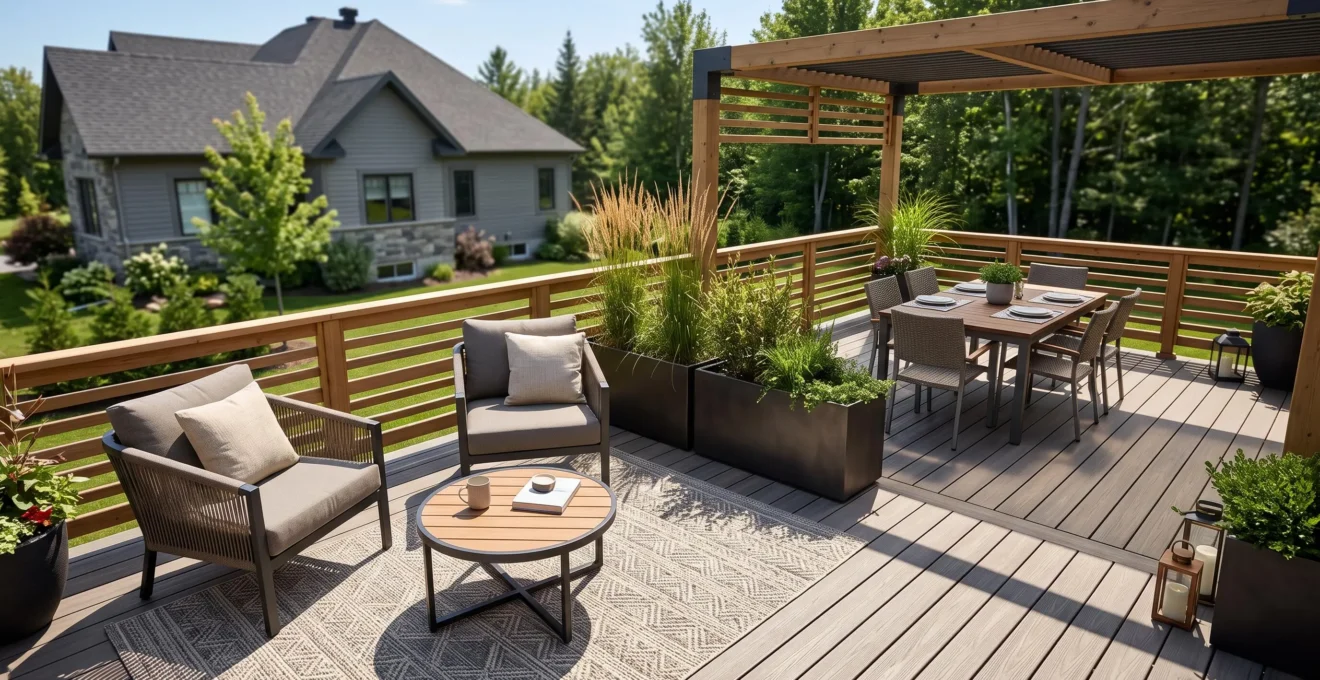 Vue diagonale d'un patio composite organisé en zones salon et repas distinctes délimitées par jardinières hautes et placement mobilier, avec circulation fluide visible entre les espaces