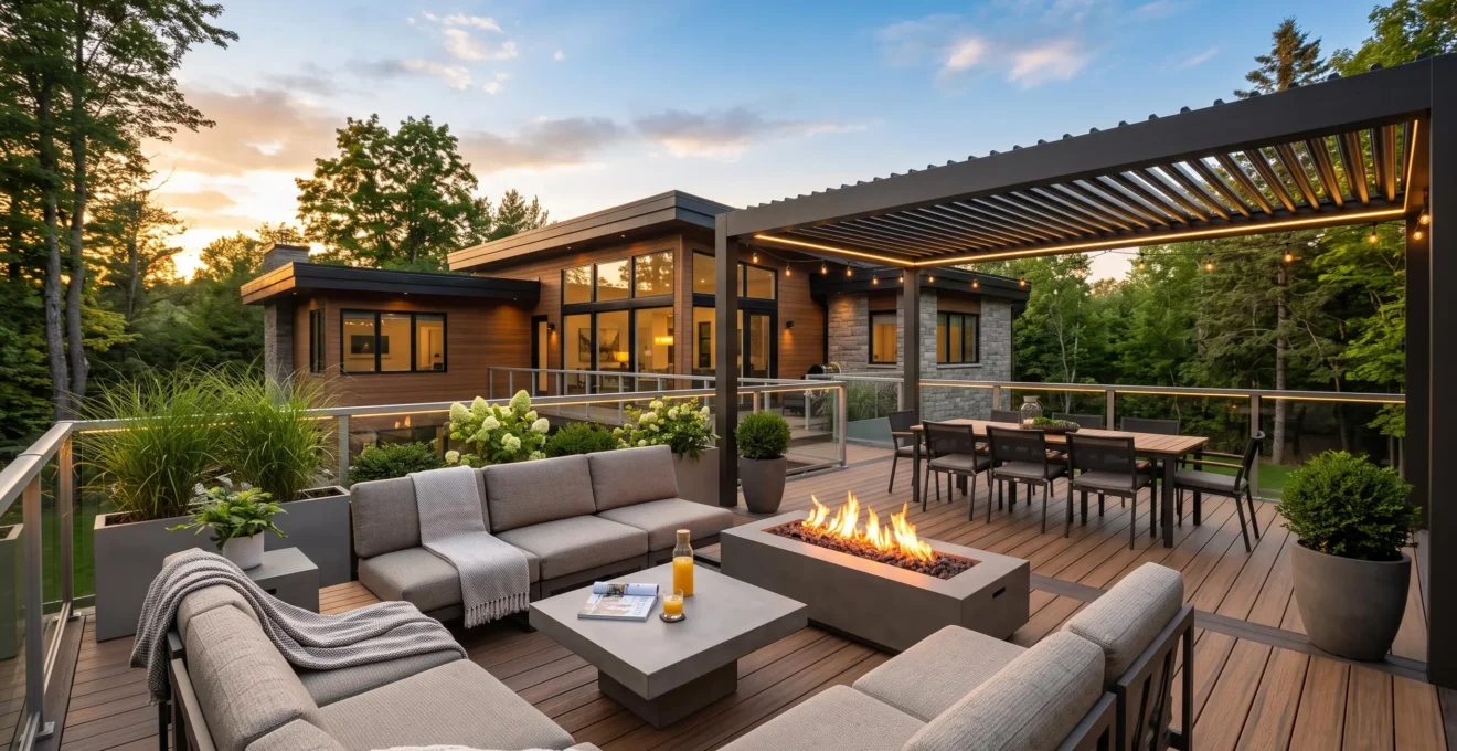 Vue d'ensemble d'un patio composite haut de gamme aménagé en espace de vie avec zones salon et repas, pergola à lames orientables, foyer au gaz actif, éclairage d'ambiance LED et jardinières structurantes, photographié en soirée dans une cour arrière résidentielle québécoise