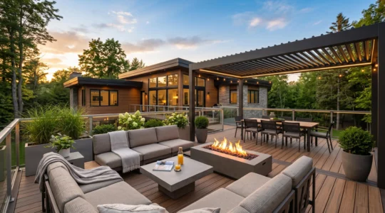 Vue d'ensemble d'un patio composite haut de gamme aménagé en espace de vie avec zones salon et repas, pergola à lames orientables, foyer au gaz actif, éclairage d'ambiance LED et jardinières structurantes, photographié en soirée dans une cour arrière résidentielle québécoise