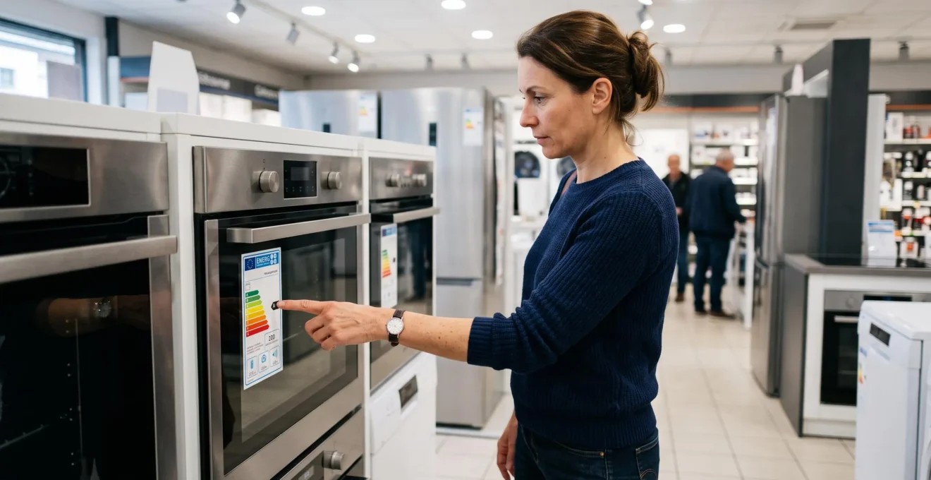 Client examinant l'étiquette énergie européenne sur un four encastrable dans un magasin d'électroménager