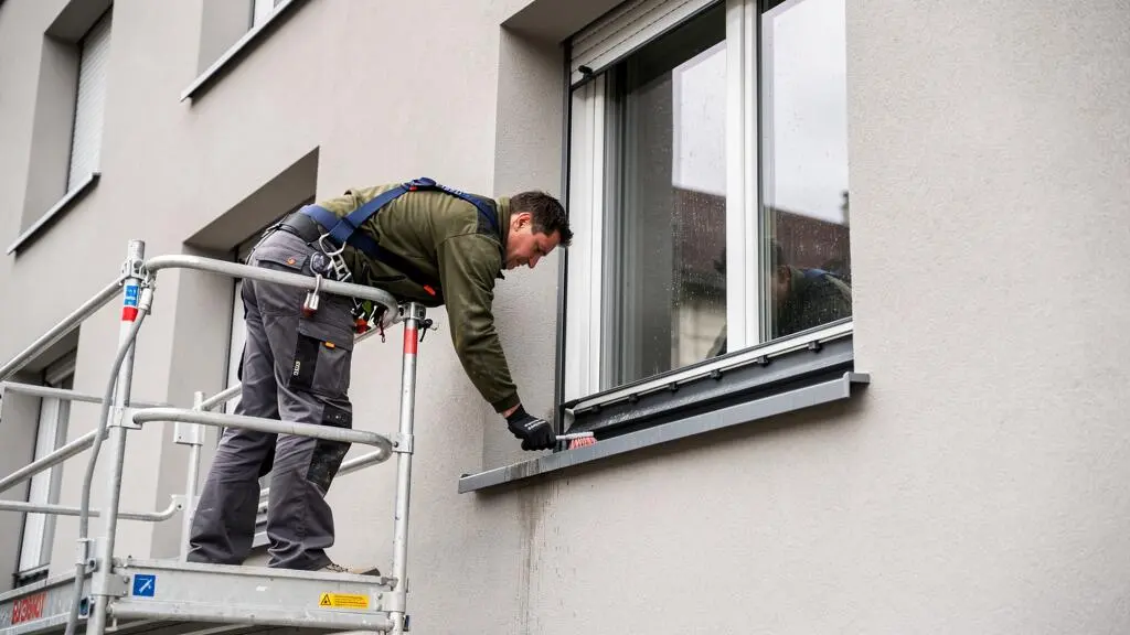 Technicien vitrier nettoyant le cadre extérieur et les rails d'une fenêtre sur une façade d'immeuble genevois