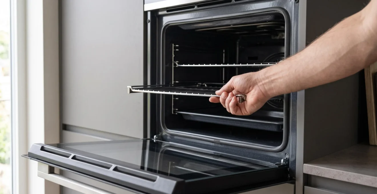 Gros plan sur l'intérieur d'un four encastrable avec porte ouverte montrant les grilles et le système de nettoyage pyrolyse