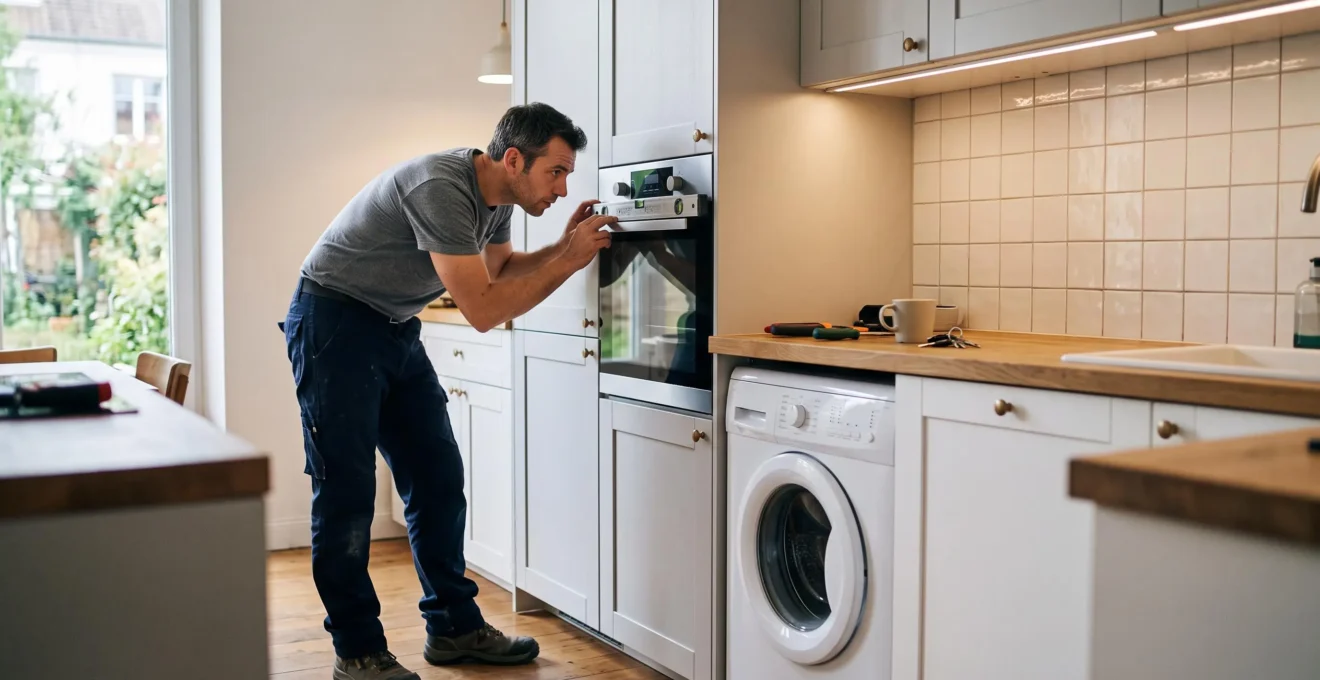 Technicien installateur vérifiant un four encastrable dans une cuisine moderne équipée avec lave-linge compact visible
