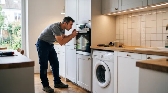 Technicien installateur vérifiant un four encastrable dans une cuisine moderne équipée avec lave-linge compact visible