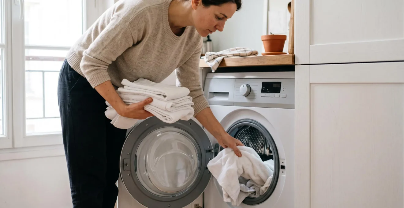 Personne chargeant du linge blanc dans un lave-linge compact encastré dans les meubles de cuisine