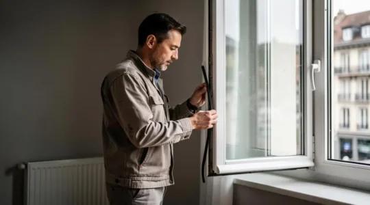 Vitrier professionnel inspectant les joints d'une fenêtre double vitrage dans un appartement genevois